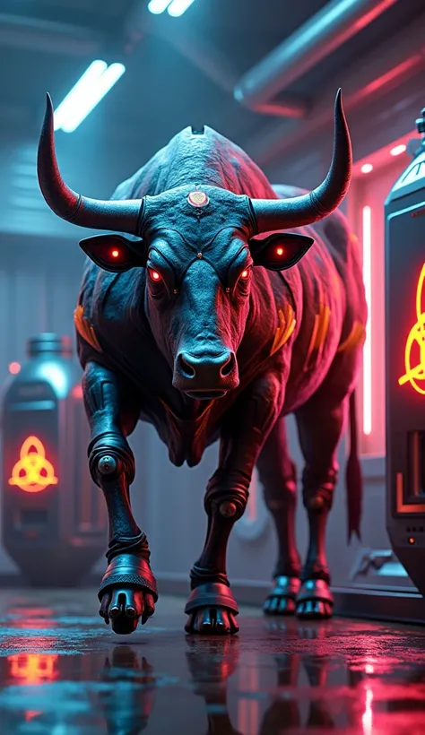 Create a highly detailed and realistic 3D image of a futuristic bull combined with biohazard elements. The bull should have a sleek, high-tech design with glowing cybernetic enhancements, armor plating, and integrated biohazard symbols. Surround the bull w...