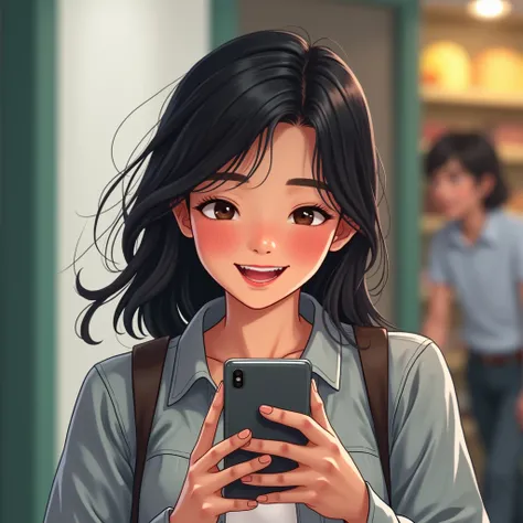 Happy black haired girl looking at her phone