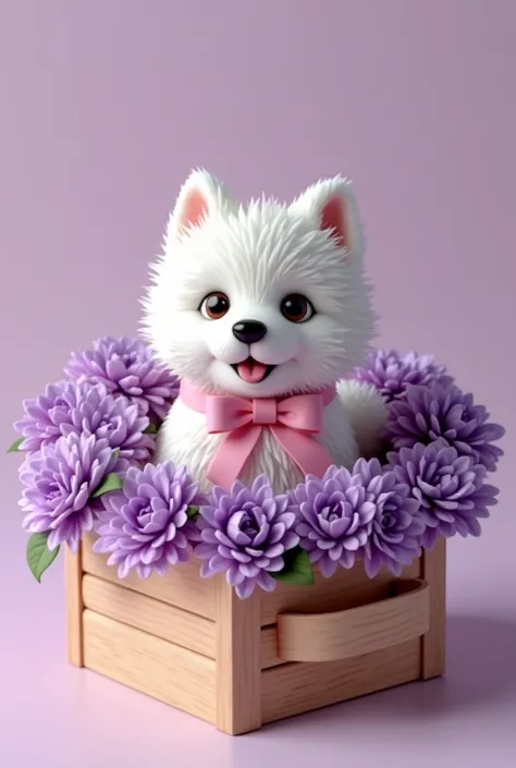 Purple bouquet flowers box with handle. Add cake shape like a white pomeranian dog with pink ribbon around it neck