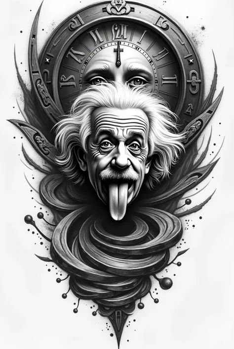 black and white tattoo with a broken gravitational clock plus Einstein sticking his tongue out with a distorted face with a gravitational portal and two laws 