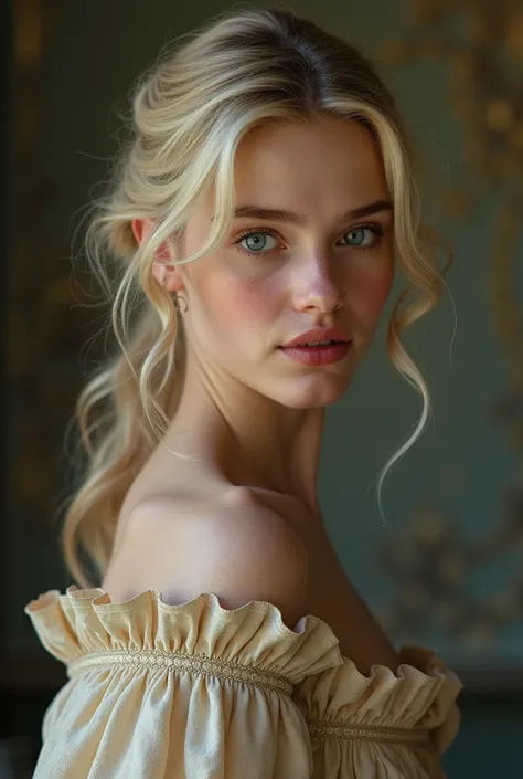 A girl from , belonging to the English high society of 1814, white, with slightly wavy, light blonde hair with some highlighted strands, with intensely blue eyes.