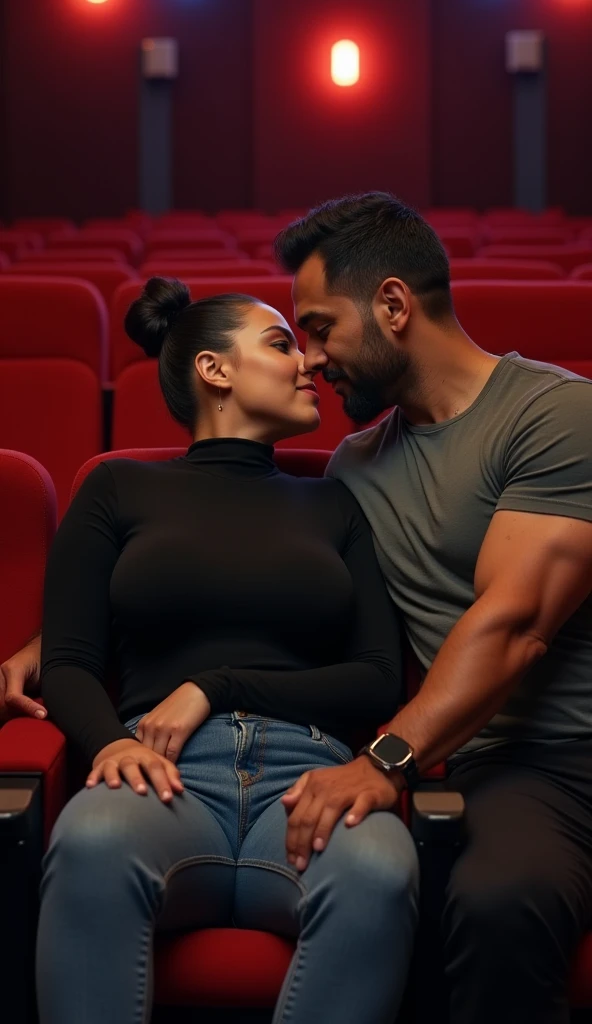 Woman sitting with a indian muscular man, Short hot sexy round face russian white curvy milf with black bun hair, big breast, big hip, big ass, thick thighs, woman wearing turtleneck full hand top and tight jean, indian man wearing t-shirt and pant, in cin...