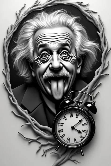 black and white tattoo with a broken gravitational clock plus Einstein sticking out his tongue with his face distorted with a gravitational portal 