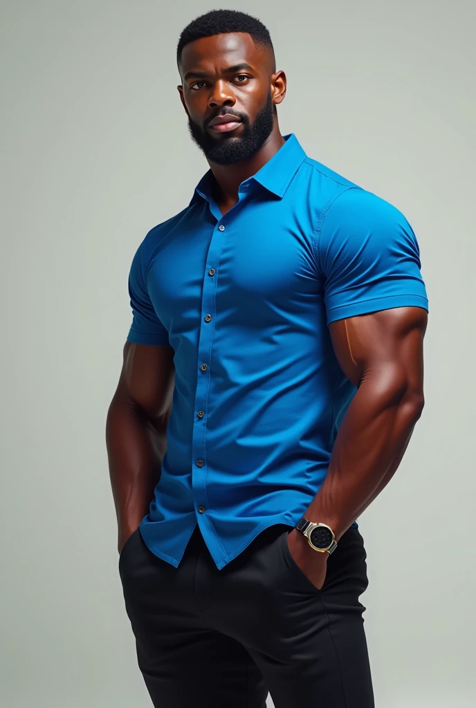 Create for me a black man in a blue shirt, black shorts 