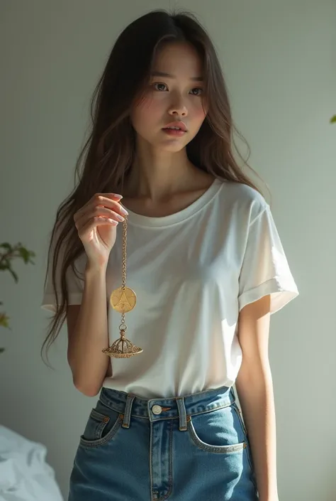 A beautiful girl with long straight hair dressed in blue wide jean pants and a white t-shirt with a pendulum in her hand