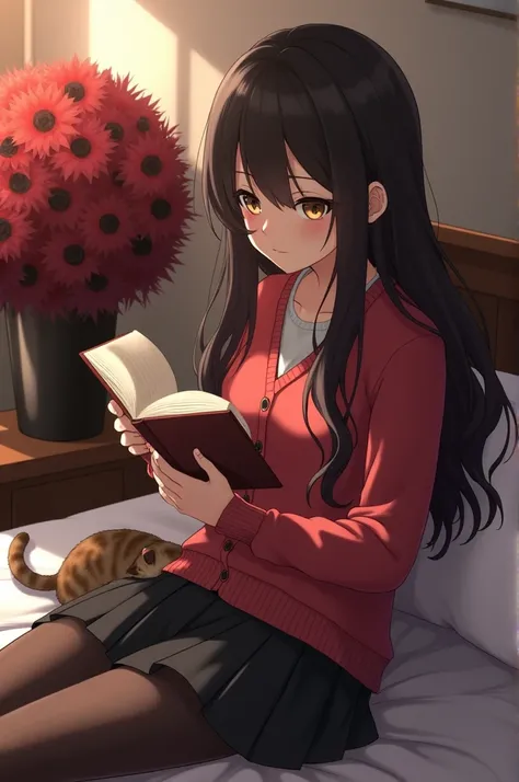 A brunette girl with long black wavy hair.  He has brown eyes and they are a little small.. She is wearing a red cardigan and a black skirt with black tights.. It also has a red and fluffy bush.. She is reading a book sitting on her bed with her tabby cat ...