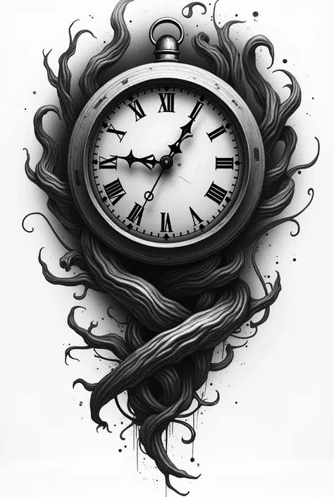 black and white tattoo with a broken gravitational clock with distorted face with a gravitational portal 