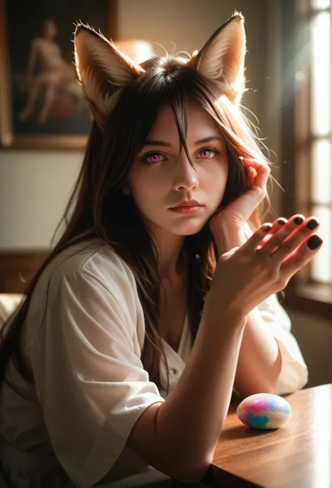 1girl, long hair, hair between eyes, fox ears, perfect soles, pink eyes, woman therapist, black toenails, highly detailed, ultra-realistic, photorealistic, 8k, masterpiece, digital painting, fantasy, character design, cinematic lighting, dramatic lighting,...