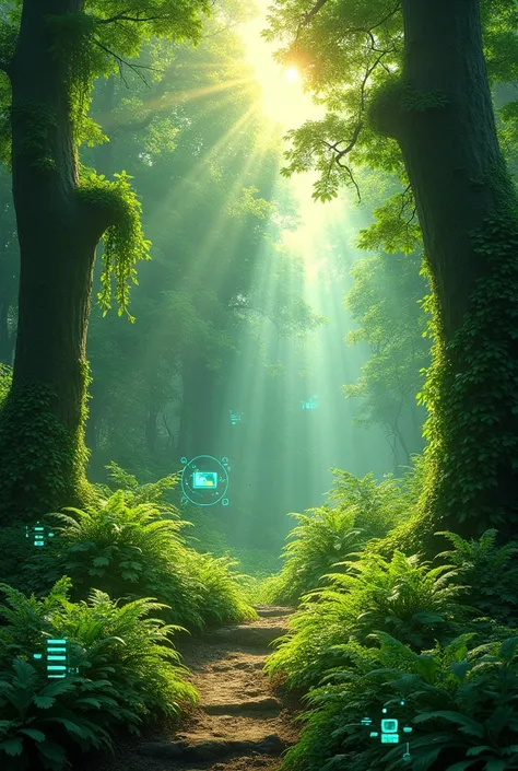 A vibrant green forest showcasing plants an digital elements, symbolizing nature and technologys harmonious connection., 8k, --ar16:9--