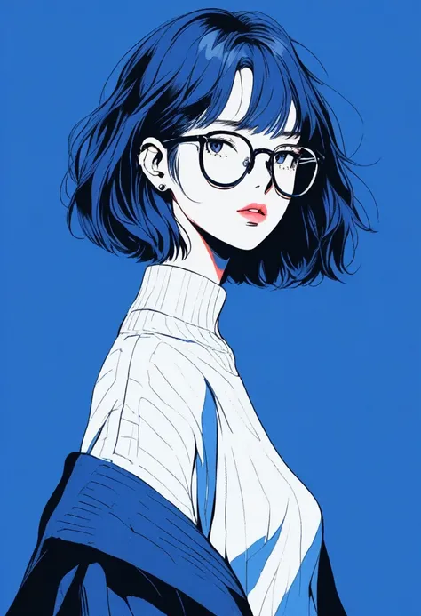 (best quality, sketch:1.2), realistic, illustrator, anime, 1 girl, 30-year-old, alone, thin, slender, small breasts!!!, short hair, bob cut, different hairstyles, thin, slender, detailed lips, sweater, custom, blue gradient background, neon hair, Navy hair...