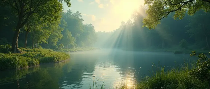 (masterpiece:1.2), (best quality,:1.2), 8k, HDR, ultra detailed, ((photorealistic)), professional light, cinematic lighting, landscape photography, ambient lighting, face lighting,  a small lake in a forest, sunlight, godrays, reeds, FanFo, epiCPhoto