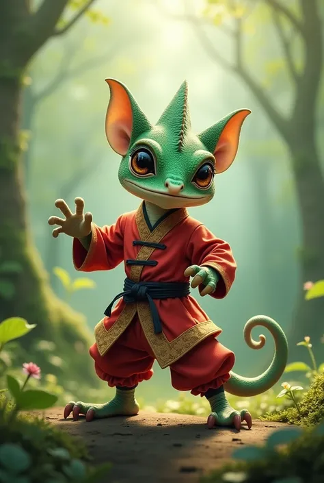 Little chameleon, cute, dressed in his kung-fu master outfit; in the middle of the forest, with a light mist in the light of dawn; masterpiece; UHD