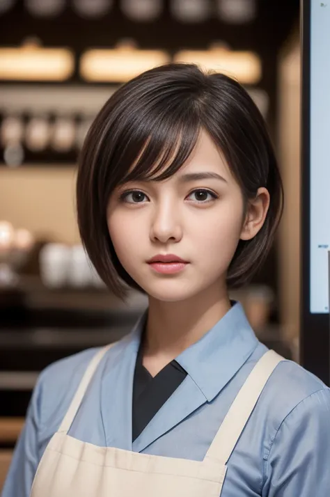 ((software: 1.4)),((Detailed face)), ((software, Barista uniform, Super Short Hair, Side lock hair, 1 girl)), Ultra-high resolution, (Realistic: 1.4), RAW Photos, Best Quality, (PhotoRealistic Stick), concentrated, Soft Light, (()), ((Japanese)), (( (Young...