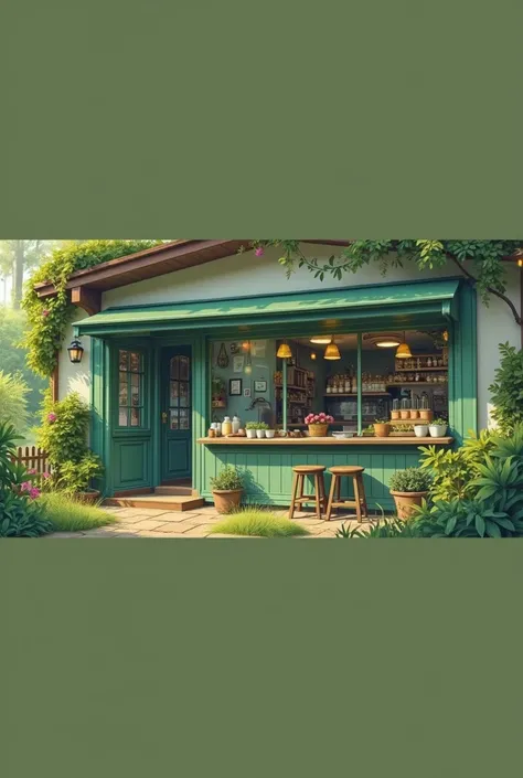 line-art painting of an coffee shop surrounded by green with the sign say "Bikachu Cafe", vibrant greeny color, glittering sunlight, detailed texture