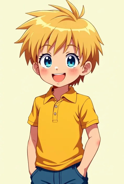 Anime of a boy with chin-length blond hair and blue eyes wearing a yellow polo shirt and jeans, showing a friendly smile 