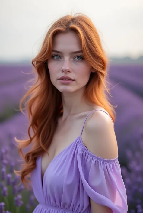 Create 4K photography of a young woman dressed in lavender colors. Lavender background.