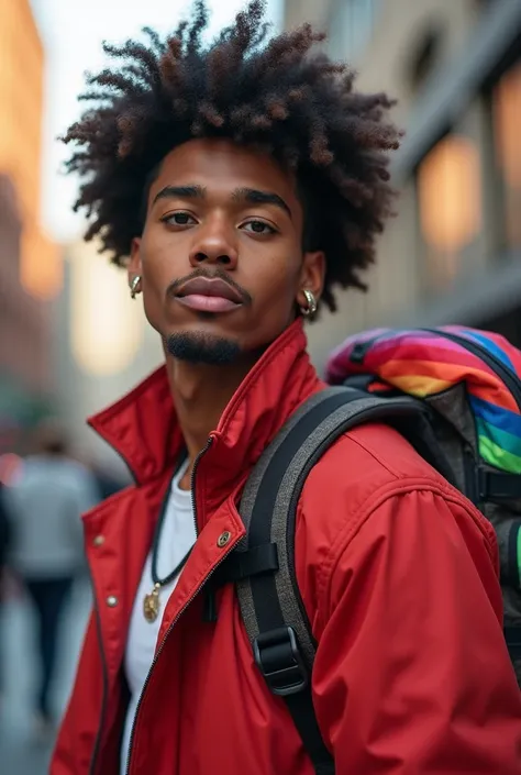 Young gay, curly hair, the eyes, roupa moderna. Red jacket, lgbt cores backpack, stylish and modern, earring. detailed face, 4K, realistic