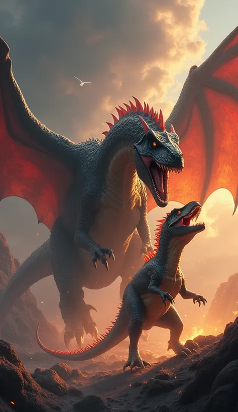 Create an epic image of a dragon and T-Rex facing off in a dramatic battle. The dragon should be large with expansive wings, shimmering scales, and fire blazing from its mouth. The T-Rex, with a muscular and robust body, should display sharp teeth and claw...