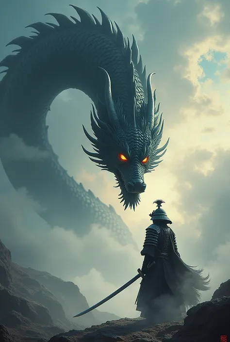 A black Chinese dragon is standing in the sky, looking at the camera with its fiery eyes. In front of it, there is a samurai with his back to the camera, holding his sword with both hands.