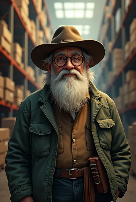 make an image of the character Botelho from the book The Tenement as the owner of a warehouse (make him with white hair and beard, round glasses and hat