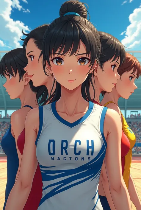 Based on the photo, there are five athletes from the Olympic Games, with sensitive skin, realistic anime or manga style.  each with different sports such as beach volleyball, football, gymnast, judo, basketball, in the background adapting to each sport