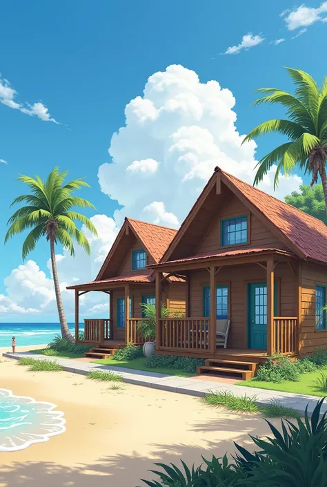 Two wooden houses (cabin style) for rent in the summer on a plot of land on the beach, good space with balcony and view of the beach on the left side, in front on the sidewalk a place to sell coffee and cake 