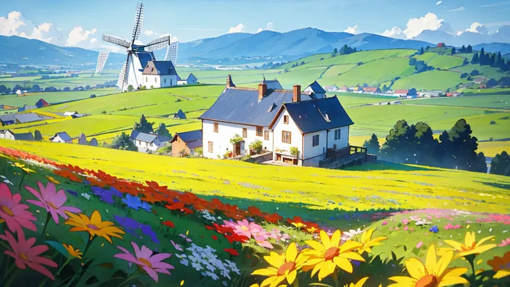 flower plains, flowers, hill, sunny background, house on hill, windmill