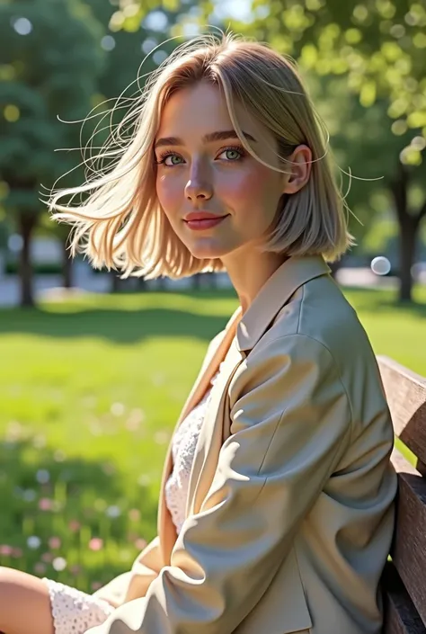 sunny day, graceful photo of a girl in a Blazer Dress, (puffy eyes:1.05), (white lace shirt), platinum brown hair, (angled bob:1.4), flat bangs, (flowing hair), smile slightly, happy, happiness, high detailed skin, skin pores, stunning innocent symmetry fa...