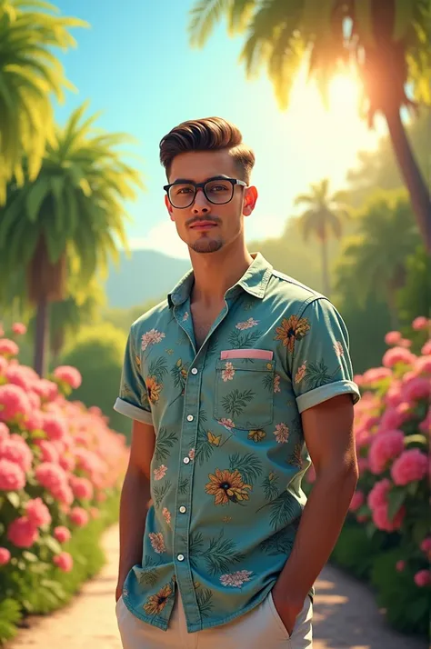 "A young man standing on a pathway lined with vibrant pink flowers and green trees under a bright blue sky. He is wearing glasses and a casual shirt with tropical palm patterns, with a calm and confident expression. His hair is neatly styled with a shiny, ...