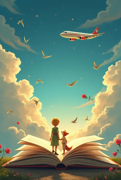 Create an image of an open book with birds coming out, an airplane and the little prince with the fox next to him and a rose