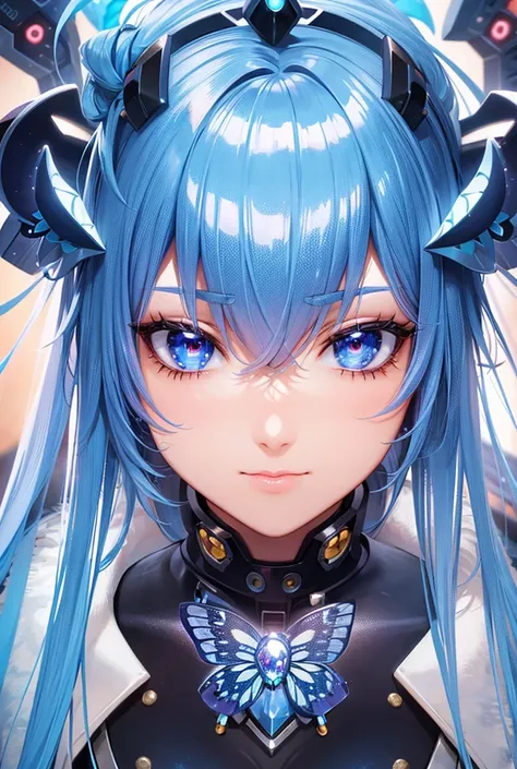 cyberfemale,kawaii face,cyberblue crown,bluebutterflies,masterpiece,character sheet,full-length,best quality,4k,8k,highres,ultra-detailed,realistic,photorealistic,studio lighting,extreme detail description,professional,vivid colors