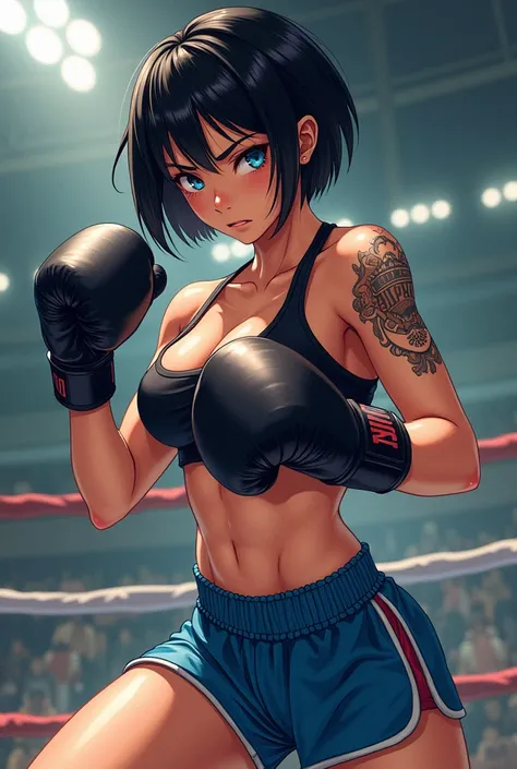 Female, boxing, 2d, cute, black hair short, tattoo, boxing ring, sweat, brown skin, Blue shorts, black gloves, confident expression, A fierce expression, anime, fighting, tomboy.