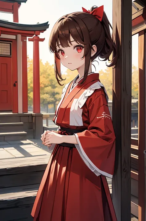 twins, twins fashion, 1 girl（brown hair, red eyes,short ponytail, shrine maiden outfit, long red skirt）、2 girl（brown hair, red eyes,low long ponytail, shrine maiden outfit, long red skirt）, holding hands ,upper body,