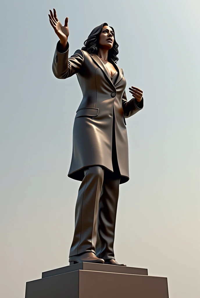 A sculpture of Kamala Harris in a speech pose, with arm extended forward, symbolizing leadership and vision , but show me a complete sculpture 