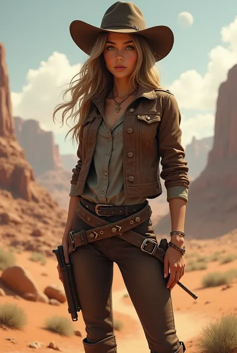 "Ellie McAlister, a young woman in her 20s with a lean and athletic build, stands confidently in a rugged wild west landscape. She has long light brown hair flowing slightly in the wind and striking green eyes filled with determination. Her sun-kissed skin...