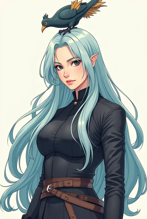 A manhwa art style that looks like Roxana manhwa from JUNJILUS. Its a woman that has a long pale blue hair and black eyes, she is a warrior and had a little monster on her head its like a bird. Waist length size of the picture please. Make it not seductive...