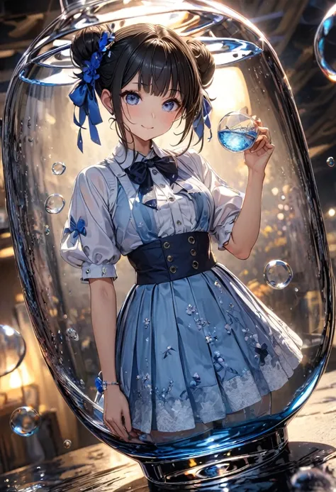 Super detailed, 8k, Angelic, glass, Water in a glass, Flowers in a glass, bubble, Right Blue Water, nice, bright,Girl in glass,Mini Girl,Refraction of Light,Reflection of light,Dynamic Angle,whole body,Stylish clothes,Stylish hairstyle,Stylish accessories,...