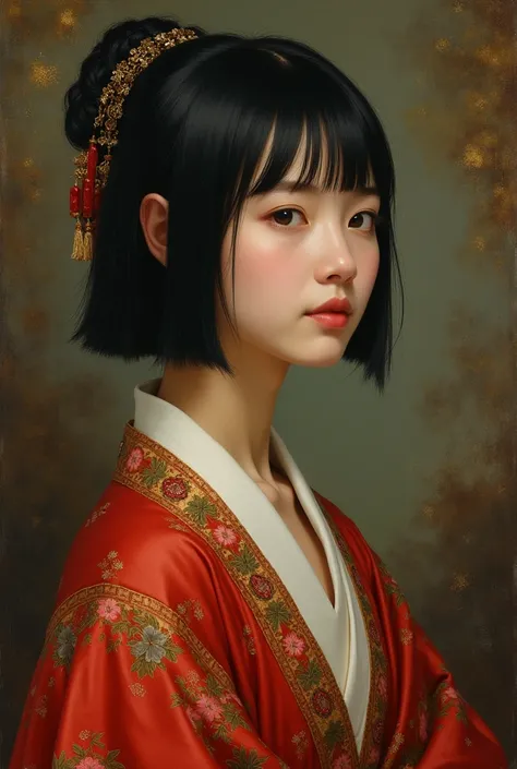 Renaissance painting of a Chinese girl with short, straight black hair. 