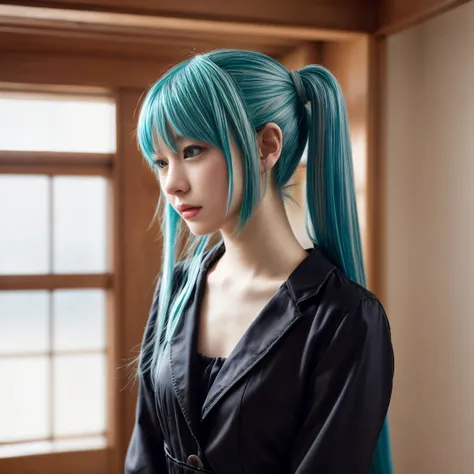 Hatsune Miku-like hairstyle、Her hair is a light blue color.、The hair is super long、Body shape is slender、Wearing light makeup、２０Year old Japanese beauty、Chest is flat、A depressed look、Autumn outfit、indoor、profile