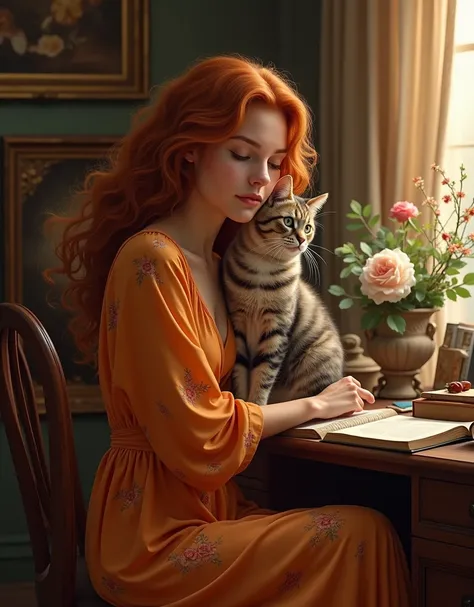 Une image réaliste avec des détails étonnants dune belle fille serrant étroitement son chat à fourrure tout en sappuyant contre son bureau en bois. Sur le bureau se trouvent des fleurs et des livres anciens. Elle a de longs cheveux roux bouclés qui souffle...