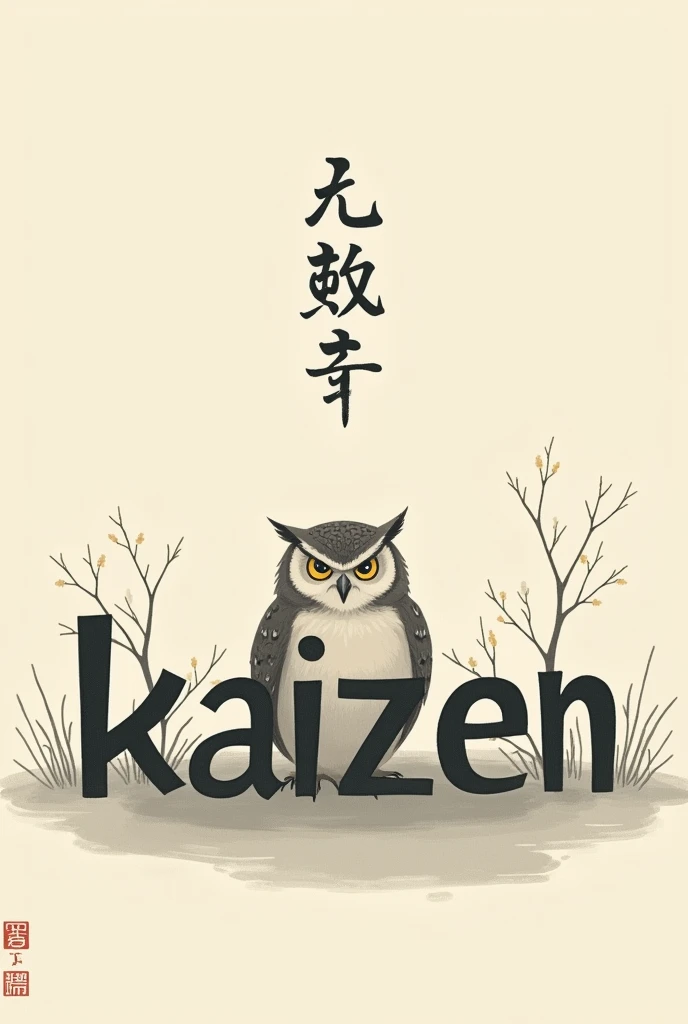 text: 
&#39;kaizen&#39; with owl behind 

