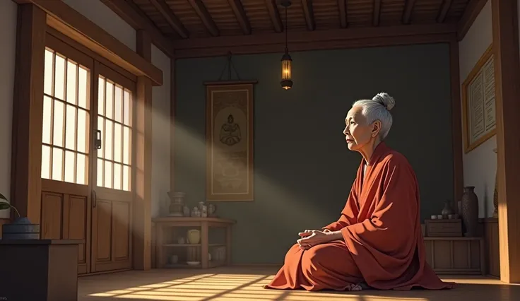 An elderly Buddhist woman in a wooden house 