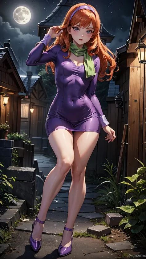 daphne blake with scooby doo, beautiful and delicate sexy woman, joven, ginger hair, ojos color violeta, minivestido color púrpu...