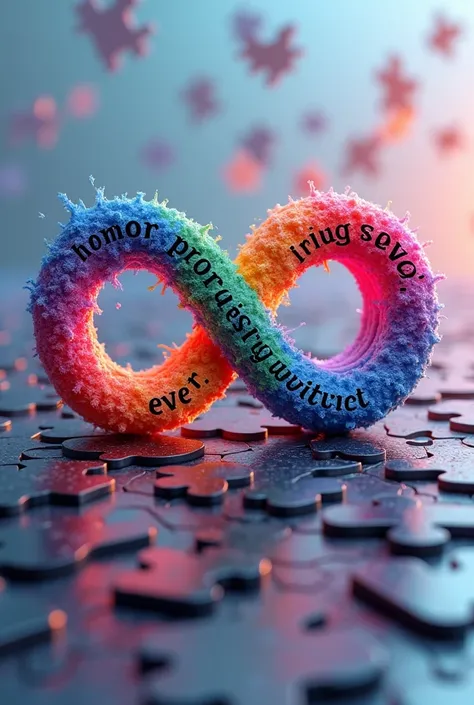 A 3D render of a logo with the infinity symbol. Inside the infinity lines, the text "Honor progress little every" is written . The infinitysymbol is made up of the colors of the LGBT+ Pride flag. The background is a huge one big puzzle. The text font color...