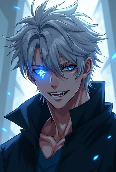 tall man, messy white hair. Heterocromia: black eye and the other blue. Alone, short hair, fringe, shine, Backlighting, abstract, best quality, Necessary, detail, Super Detail, bright light, digital art, anime art, bright eyes, high quality, exposed canine...