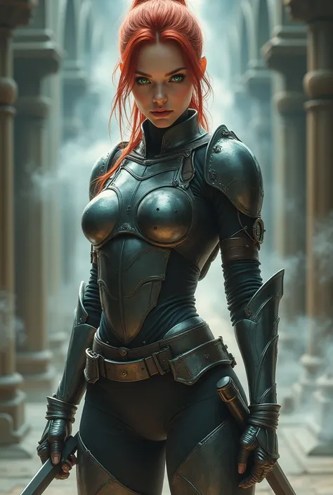 Young woman, beautiful de cara, Super model, 22 years, red hair, blue eyes, tied hair, espadachina, tactical metal armor, metal armor, tactical light armor, big tits, big buttocks, small waist, full body. two daggers. beautiful, green eyes. Combat Academy....