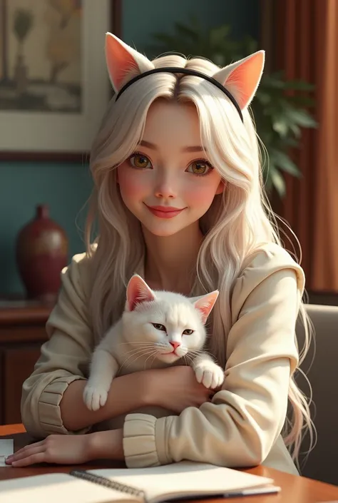 (photorealism:1.2), beautiful women white skin Long hair, cat headband and smiling while cuddling in the office