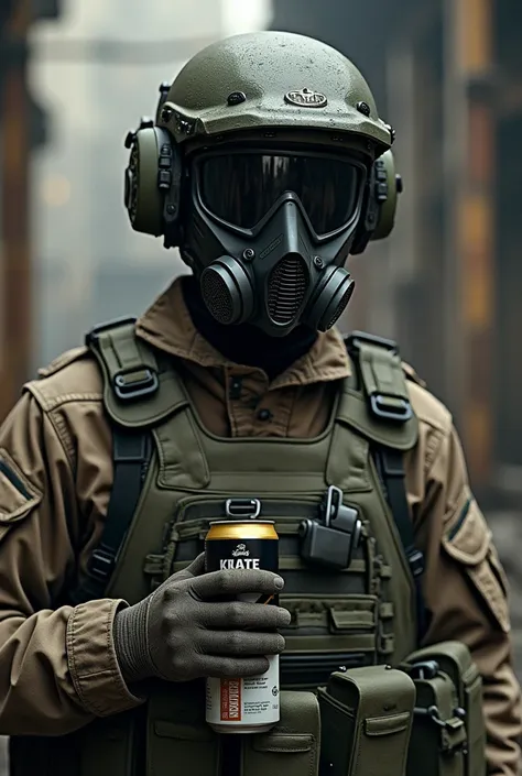 A soldier with a mask and an air filter insert holds a beverage can 