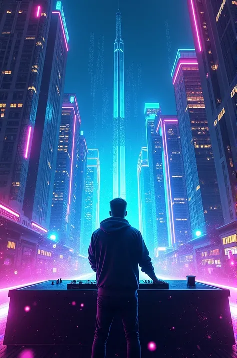 Create a vibrant, futuristic dubstep album cover. Imagine a nighttime urban scene, with skyscrapers lit by neon lights in shades of purple and electric blue. En el centro de la imagen, a DJ or music producer in a futuristic control booth, with a holographi...