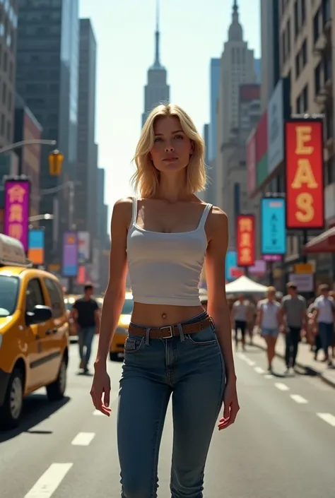 Create photo of a 167cm tall blonde full body woman with realistic New York background 